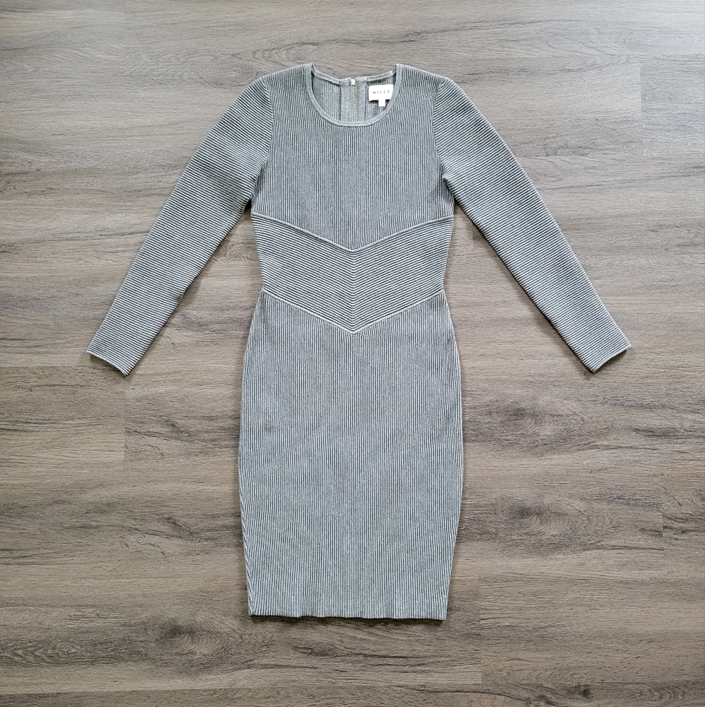 Milly Gray Ribbed Bodycon Long Sleeve Dress Size Small
